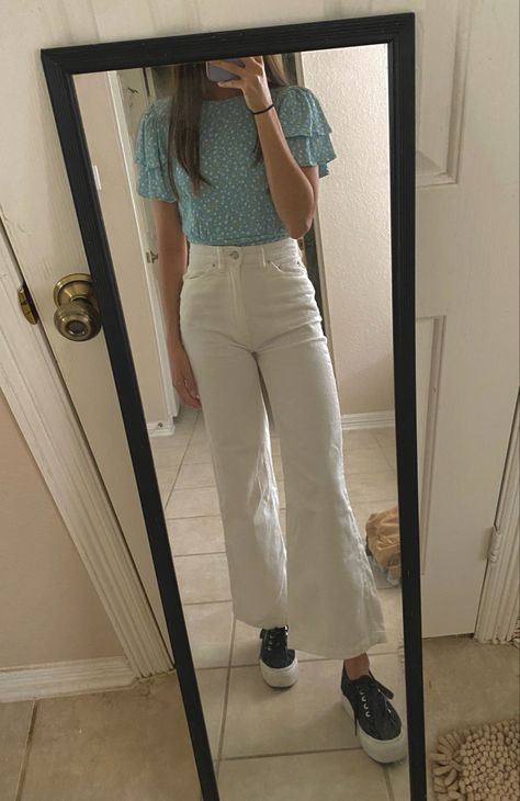 Blue Shirt/Blouse - Forever 21, White Corduroy Pants - Urban Outfitters, Black Platform Sneakers - Superga Cute Business Casual Outfits, White Corduroy Pants, Cute Business Casual, Black Platform Sneakers, Business Casual Outfit, Black Platform, Business Casual Outfits, Platform Sneakers, Corduroy Pants