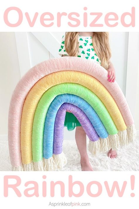 Yarn Rainbow Diy, Pool Noodle Rainbow, Rainbow Kids Bedroom, Clown Balloons, Rainbow Playroom, Boho Rainbow Nursery, Wreath For Christmas, Diy Playroom, Rainbow Diy