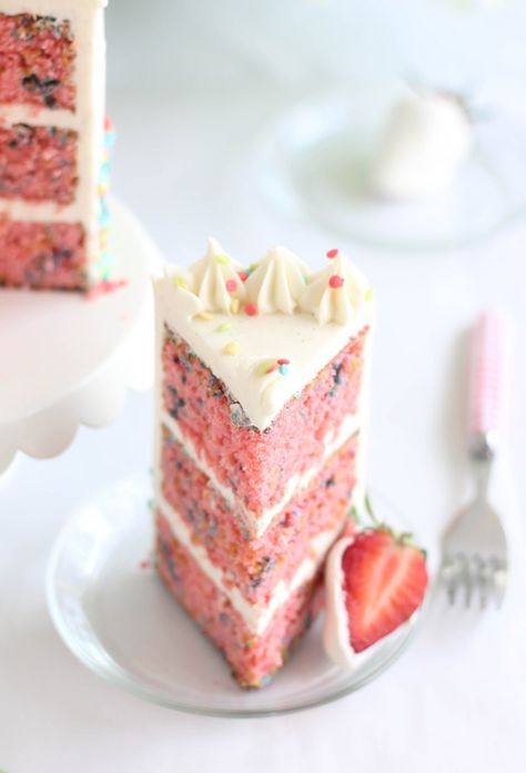 Strawberry Confetti Cake Confetti Cake Recipe, Slice Of Cake, Confetti Cake, Strawberry Cakes, Strawberry Cake, Cake Cake, Sweets Treats, Cakes And Cupcakes, Let Them Eat Cake