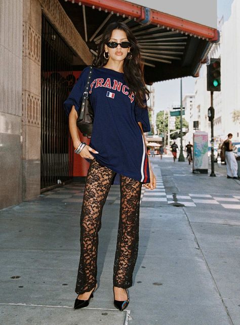 Peru Lace Pants Black Chicago Streetwear Women, Trendy Alt Outfits, Cool Outfit Ideas Edgy, Mesh Bottoms Outfit, Laced Up Pants Outfit, Lace Pants Outfit Black Women, Acl Outfits Festivals 2023, Going Out Bottoms, Pants And Dress Combo