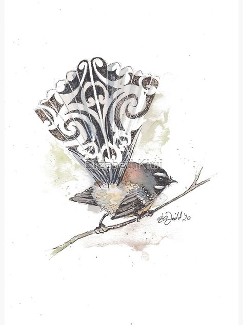 Fantail Tattoo Maori, Fantail Drawing, Piwakawaka Tattoo, Fantail Art, New Zealand Tattoo Ideas, Fantail Tattoo, New Zealand Animals, Aesthetic Tats, Nz Tattoo