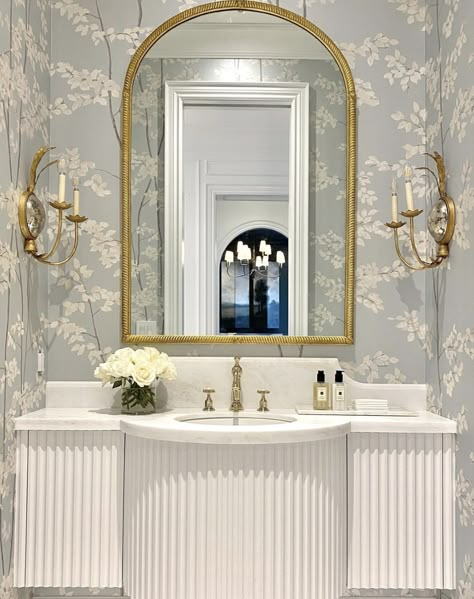 Wallpaper Half Bath, Half Bath Wallpaper, French Style Bathroom, Half Bathroom Decor Ideas, Gold Arch Mirror, Half Bathroom Decor, French Bathroom, Timber Frame House, Toile Wallpaper