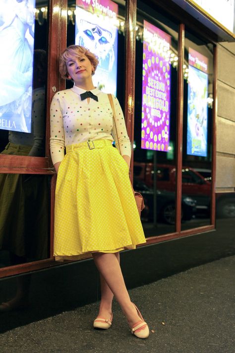 Liana of Finding Femme visits Regent Multiplex Cinema Ballarat wearing an embroidered Alannah Hill cardigan and yellow Modcloth skirt. Old Theatre, Modcloth Shoes, Modcloth Style, Modcloth Style Gallery, White Graphic Tee, The Best Films, Cold Night, Fashion Gallery, Midi Skirts