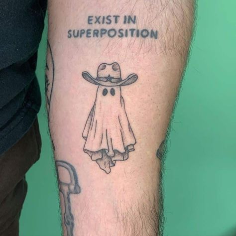 215+ Best Ghost Tattoos Designs With Meanings (2023) - TattoosBoyGirl Western Skeleton Tattoos For Women, Western Ghost Tattoo, Ghost With Cowboy Hat Tattoo, Ghost Cowboy Tattoo, Tattoos Ghostface, Angles Tattoos, Cowboy Ghost Tattoo, Cowboy Like Me Tattoo, Skeleton Cowboy Tattoo