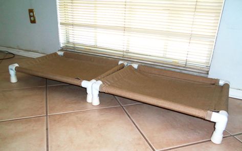 PVC dog cots - measurements for small dog cot - The DIY Girl Diy Pvc Dog Bed, Small Dog Breeds Chart, Backyard Ideas Diy, Pvc Dog Bed, Dog Breeds Chart, Bed Hammock, Green Bed, Indoor Dog House, Dog Cots