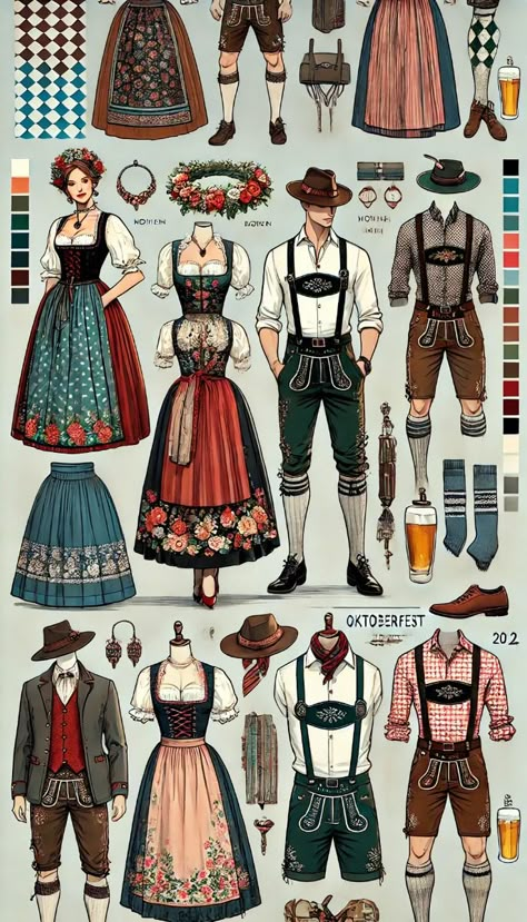 style board showcasing modern and traditional outfit ideas for Oktoberfest 2024. The board features a mix of classic and contemporary looks for both men and women, reflecting the festive spirit with a modern twist. For women, the outfits include updated dirndls with bold patterns, vibrant colors, and innovative fabrics, paired with statement accessories like oversized flower crowns and chic, modern aprons. The board also includes a stylish fusion of traditional blouses with high-waisted skirts or pants, creating a fresh look for Oktoberfest. For men, the board showcases lederhosen with contemporary elements such as tailored fits, sleek leather, and modern embroidery, paired with fashionable shirts and shoes. Accessories include modern takes on traditional alpine hats, belts, and socks. Dutch Outfit Traditional, Flower Crown Oktoberfest, German Cultural Clothing, German Oktoberfest Outfit, Bavarian Traditional Clothing, German Clothing Modern, German Clothes Traditional, German Patterns Traditional, Germany Traditional Dress