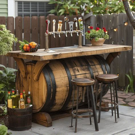 7 Relaxing Backyard Bar Ideas Build In Fireplace, Barrel Bar Ideas, Backyard Bar Ideas, Whiskey Barrel Table, Unique Landscaping, Wine Barrel Bar, Winery Ideas, Wine Barrel Table, Barrel Projects