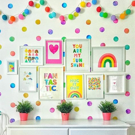 Colorful Girls Bedroom Ideas, Toddler Bedroom Girl Colourful, Ada Bedroom, Playroom Polka Dot Wall, Toddler Pink Rainbow Room, Rainbow Polka Dot Wall, Pom Pom Rainbow Wall Hanging, Rainbow Girls Room, Polka Dot Nursery