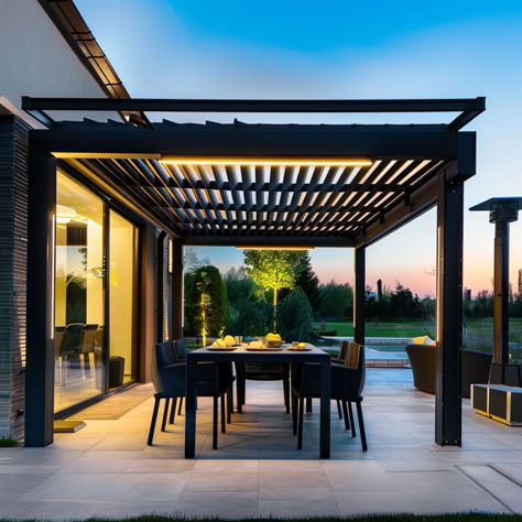 Yard Pergola Ideas, Veranda Pergola Ideas, Backyard Patio Pergola, Yard Pergola, Pergola On Back Of House, Garden With Pergola, Outdoor Roofing Ideas, Patio Roofing Ideas, Dining Area Outdoor