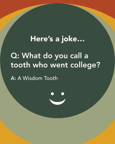 Here’s a joke… Q: What do you call a tooth who went to college? A: A wisdom tooth #lakefrontfamilydental #dentalhumour Tooth Jokes, Dental Photoshoot, Teeth Jokes, Dental Pictures, Dental Quotes, Dental Photos, Letterboard Quotes, Dental Social Media, Wisdom Tooth