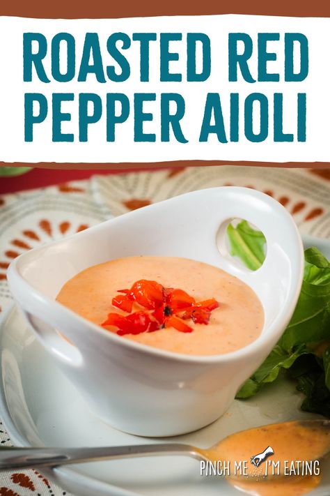 Learn how to make roasted red bell pepper garlic aioli in just 5 minutes with jarred roasted red bell peppers and an immersion blender or food processor! It’s a great sauce for dipping fries, spreading on sandwiches and burgers, or spooning over salmon or steak. Make it as spicy as you like with extra cayenne pepper! Sauce For Grilled Salmon, Bell Pepper Sauce Recipe, Red Pepper Aioli, Red Pepper Aioli Recipe, Roasted Red Bell Pepper, Roasted Red Pepper Sauce, Aioli Recipe, Red Bell Peppers, Red Pepper Sauce