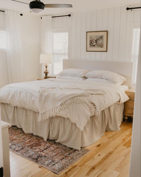 A new bedroom look for under $40 Cloth Headboard, Diy Bed Skirt, Vertical Shiplap, Plywood Table, Skirt Aesthetic, Cabin Bedroom, Headboard Cover, Cottage Aesthetic, New Bedroom