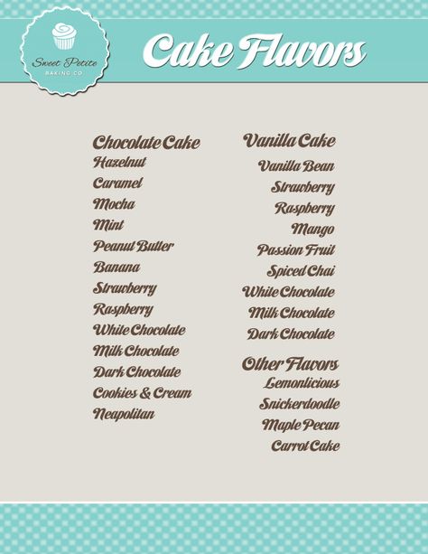 Image from http://sweetpetite.ca/wp-content/uploads/2013/09/sweet-petite-cake-flavours.gif. Different Cake Flavors List, Cake Flavor Ideas Unique, Cake Business Names Ideas, Cake Flavour Combinations, Bakery Names Ideas Unique, Cake Flavors Wedding, Types Of Cake Flavors, Cake Flavors List, Cakes Fillings