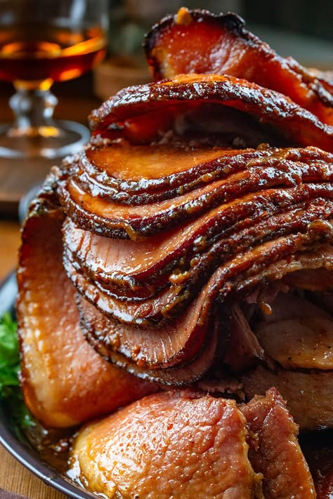 Maple Bourbon Glazed Ham Maple Bourbon Glazed Ham, Bourbon Ham Glaze, Bourbon Glazed Ham, Glaze Ham, Thanksgiving Ideas Food, Ham Glazes, Cooking Spiral Ham, Maple Bourbon Glaze, Spicy Ham