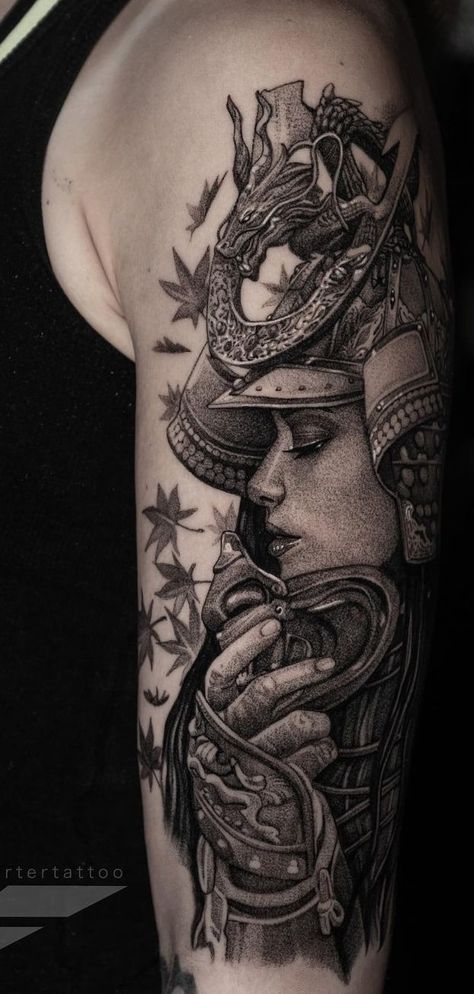 An Illustrated Guide To Samurai Tattoo Meanings Lady Samurai Tattoo, Female Warrior Tattoo Design, Female Samurai Tattoo, Yakuza Style Tattoo, Warrior Tattoo Design, Ronin Tattoo, Samurai Warrior Tattoo, Female Warrior Tattoo, Tattoo Japanese