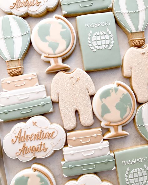 Adventure awaits!! I love making baby cookies!!! #babyshowercookies #babyshower #adventureawaits #decoratedcookies #royalicingcookies #busybeesweet #longbeach Adventure Awaits Dessert Table, Adventure Awaits Cookies, Adventure Awaits Baby Shower Cookies, Little Explorer Baby Shower Theme, Our Greatest Adventure Baby Shower Theme, Adventure Awaits Baby Shower Ideas, Greatest Adventure Baby Shower Theme, Adventure Baby Shower Boy, Baby Shower Travel Theme