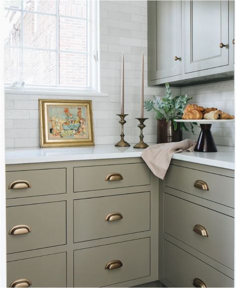 Sw Green Earth Cabinets, Green Taupe Kitchen Cabinets, Muted Green Cabinets, Putty Green Paint Color, Neutral Green Cabinet Colors, Muted Gray Green Paint, Cream With Green Undertone Paint, Green Paint Laundry Room, French Green Paint