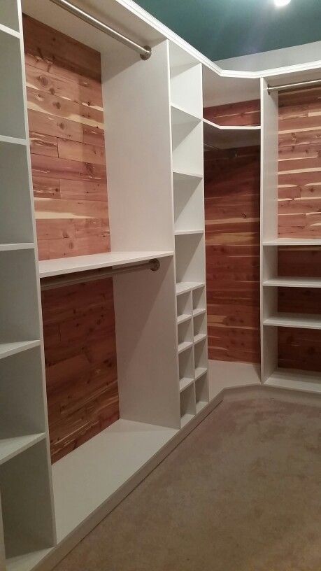 New cedar-lined closet 2 Double Hanger Closet, Diy California Closet, Bedroom Ideas For Long Rooms, Cedar Closet Ideas, Unique Closet Ideas, Long Closet Ideas, Small Closet Design Layout, Closet Corner Ideas, Walk In Closet Storage