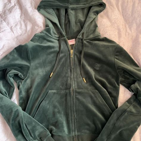 dark green juicy couture zip up hoodie 💚 size s but... - Depop Green Juicy Couture, Juicy Track Suit, Juicy Tracksuit, Green Velvet Jacket, Digital Wardrobe, Juicy Couture Tracksuit, Juicy Couture Jacket, Buy Hoodies, Couture Jackets