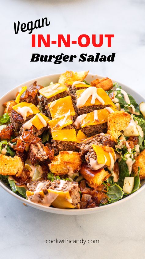 The infamous In-N-Out burger in salad form – and 100% plant-based! Finally, vegans can have the signature taste of the West Coast chain, complete with grilled onions and thousand island dressing. Not only is this recipe a vegan copycat of the popular fast-food chain, it’s also a healthier option without sacrificing the taste. Try this Vegan In-N-Out Burger Salad recipe today! #veganfastfood #veganrecipe #vegancheeseburger #impossibleburgerrecipes Veggie Burger Salad, Cheeseburger Salad Recipe, Vegan Copycat, Vegan Cheeseburger, In And Out Burger, Tofu Burger, Burger Salad, In N Out Burger, Plant Based Burgers