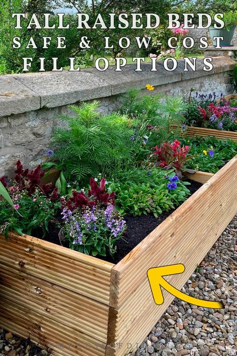 Clever Ways to Fill Tall Raised Beds & Save On Soil | EOD Raised Flower Beds Along House, Raised Landscaping Beds, Landscape Side Yard, Raised Bed Flower Garden, Large Raised Garden Beds, Tall Raised Garden Beds, Large Garden Planters, Garden Mulch, Large Hydrangea