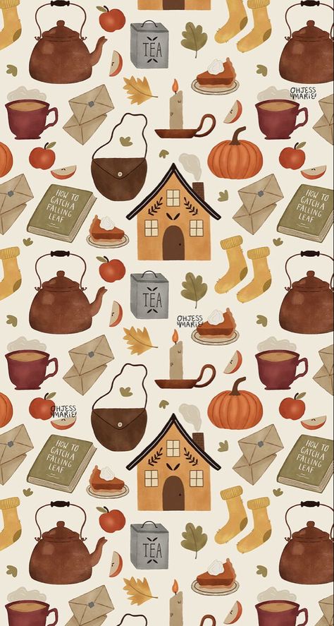 Free Thanksgiving Wallpaper, Halloween Widget, Autumn Cottage, Fall Backgrounds, Arte Doodle, Pumpkin Tea, Thanksgiving Wallpaper, Autumn Illustration, Autumn Pattern