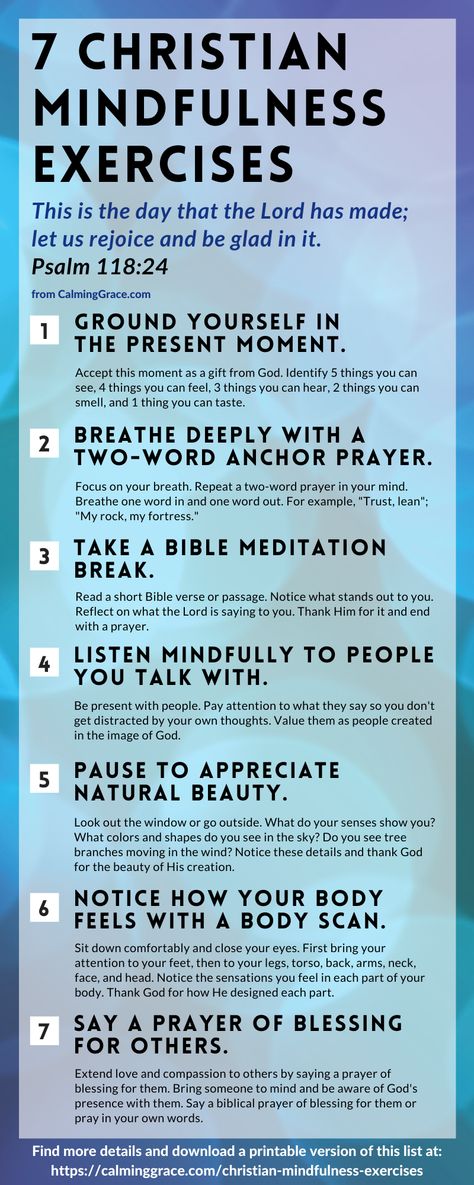 God is always with us, and we just have to turn our attention to Him to connect with Him throughout the day. Use these 7 Christian mindfulness techniques to see God's presence in daily life. Click through for more details about how to practice each exercise, and for more about why Christians can practice mindfulness. #ChristianMindfulness #Mindfulness #ChristianMeditation #Meditation Life Infographic, Two Word Phrases, Biblical Meditation, Connect With God, Christian Fitness, Grounding Exercises, Christian Meditation, God's Presence, Grounding Techniques