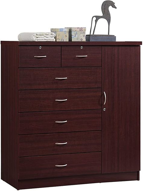 AmazonSmile: Hodedah 7 Drawer Jumbo Chest, Five Large Drawers, Two Smaller Drawers with Two Lock, Hanging Rod, and Three Shelves | Mahogany: Furniture & Decor 7 Drawer Dresser, Chest Dresser, Wood Chest, Clothes Storage, Furniture Finishes, Small Drawers, Side Cabinet, Dressers And Chests, Large Drawers