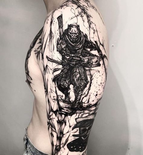 Interesting Tattoos For Guys, Cyberpunk Samurai Tattoo, Japanese Ninja Tattoo, Ninja Tattoo Design, Ninja Tattoos, Tattoo Ninja, Ninja Tattoo, Cyberpunk Tattoo, Sketch Style Tattoos