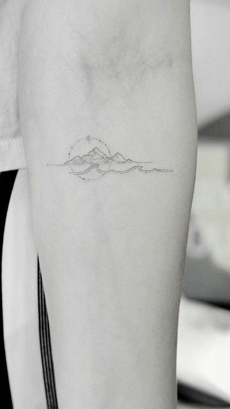 Woods And Ocean Tattoo, Contrast Tattoo Negative Space, Mountain And Sea Tattoo Simple, Mountain To Sea Tattoo, Delicate Mountain Tattoo, Bluebird In My Heart Tattoo, Montain Tattoo Designs, Tattoo Ideas Mountains, Mountain Wave Tattoo