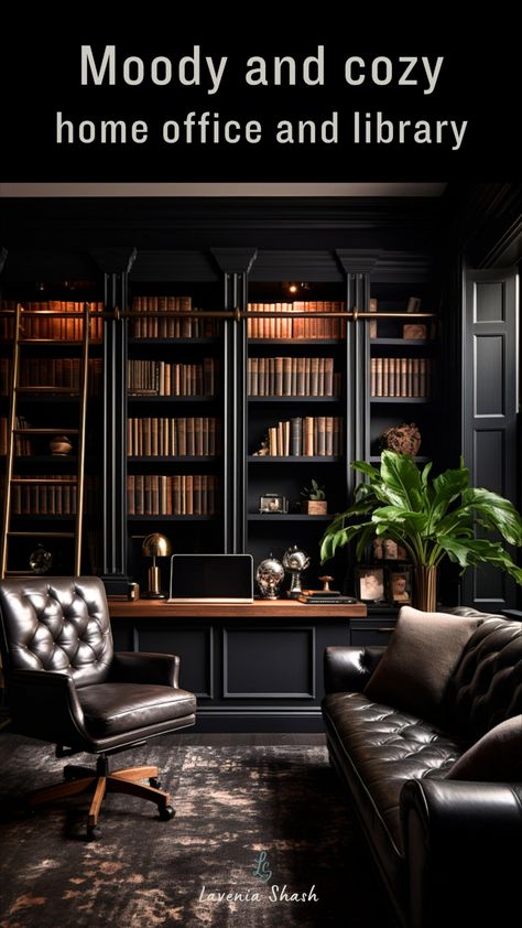 dark and moody home office with black walls by lavenia shash Office And Library Ideas, Dark Cozy Home, Moody Home Library, Home Office And Library, Office And Library, Academia Study, Academia Library, Victorian Office, Moody Office