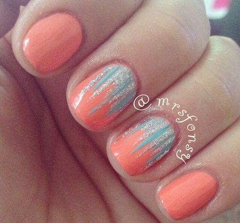 Mint And Orange Nails, Coral And Blue Nails Summer, Coral And Blue Nails, Aqua And Orange Nails, Teal Coral Nails, Blue And Coral Nails, Coral And Silver Nails, Coral And Aqua Nails, Turquoise And Coral Nails