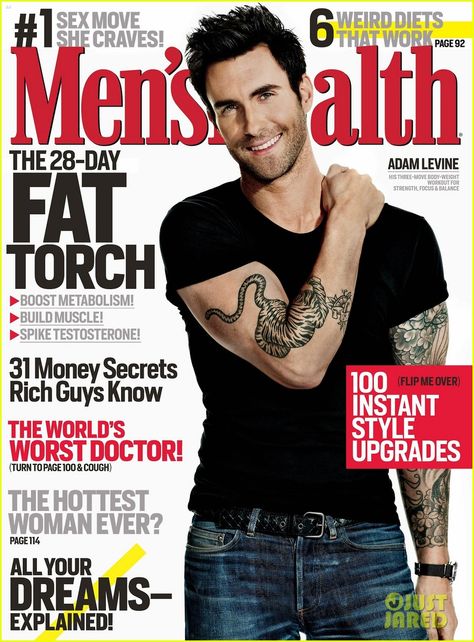 Adam Levine is all smiles on the cover of Men Health's March 2013 issue Men's Health Magazine, Mens Health Magazine, Celebrity Bodies, Cover Boy, Music Tattoos, Adam Levine, Men's Health, Maroon 5, Health Magazine