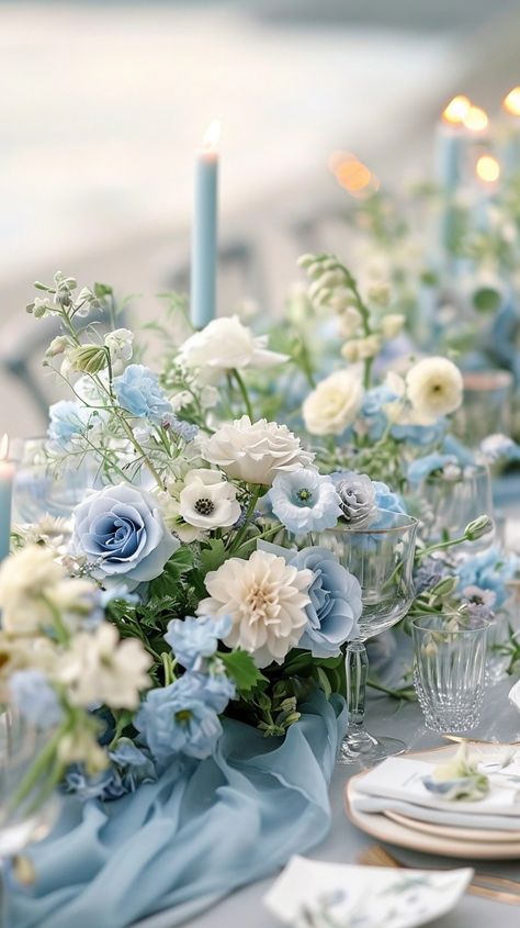 Baby Blue Wedding Theme, Centrepiece Flowers, Flowers Blue And White, Pastel Blue Wedding, Blue Wedding Centerpieces, Dark Blue Wedding, Baby Blue Weddings, White Wedding Decorations, Blue White Weddings