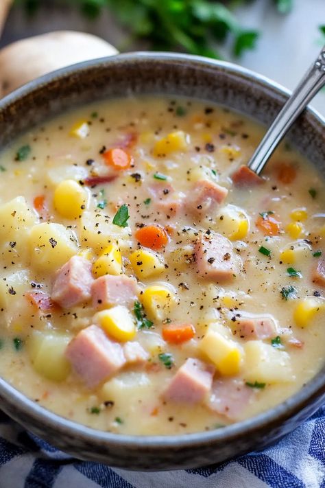 Ham and Corn Chowder is the ideal soup—it's simple to prepare, wonderfully rich and creamy, and a universal favorite! My family consistently opts for a juicy Honey Baked Ham for our holiday meals, although I have a soft spot for a classic roast turkey with stuffing. However, majority rules! I always prepare an extra-large ham Easy Corn Chowder, Ham Chowder, Corn Chowder Soup, Potato Corn Chowder, Ham Potato, Corn Chowder Recipe, Honey Baked Ham, Ham Soup, Crock Pot Recipes