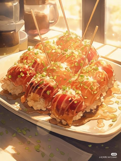 Japanese Anime Food Art, Anime Foods Aesthetic, Japanese Food Wallpaper, Anime Food Art Aesthetic, Aesthetic Food Anime, Anime Aesthetic Food, Street Food Illustration, Anime Food Wallpaper, Food Art Drawing