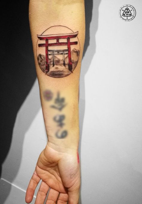 Japanese Gate Tattoo, Torii Gate Tattoo, Gate Tattoo, Okinawa Tattoo, Flower Leg Tattoos, Tori Gate, Japanese Gate, Tattoo 2024, Favorite Tattoos