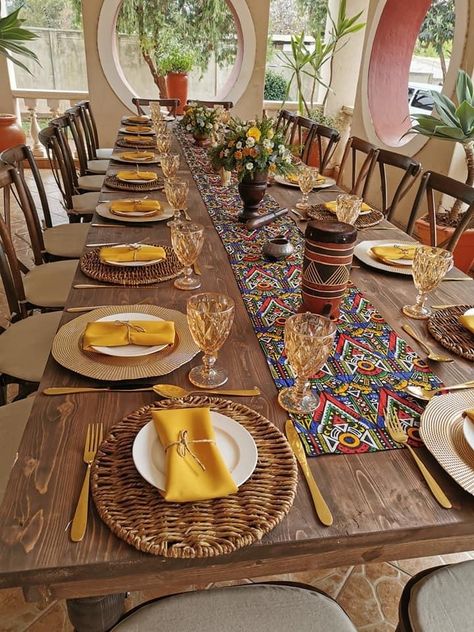 African Traditional Wedding Decoration Table Settings, Traditional African Wedding Decor, African Wedding Theme Decoration, African Traditional Wedding Decoration, Ndebele Traditional Attire, Wedding Decorations Table Settings, African Wedding Theme, Traditional Table Setting, African Traditional Wear