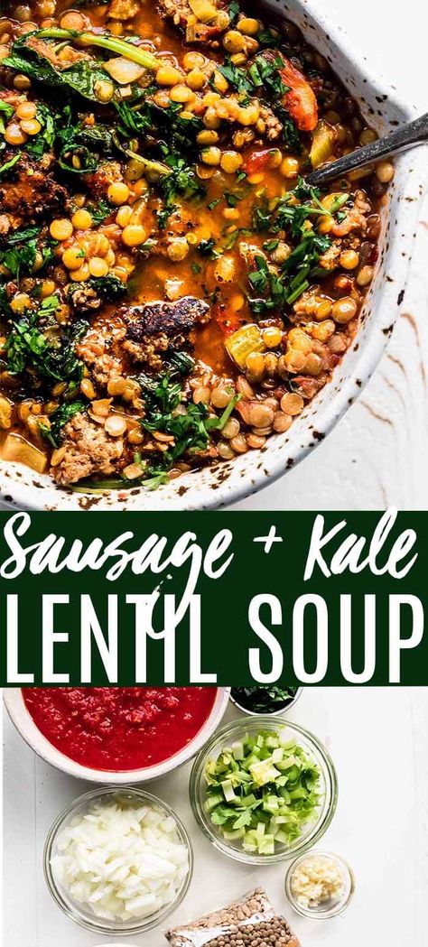 This hearty Lentil Soup with Sausage and Kale will warm you up and keep you wanting more! // soup recipe // hearty soup // healthy soup Lentil Soup With Kale And Sausage, Ground Pork Lentil Soup, Kale Lentil Recipes, Italian Sausage And Kale Recipes, Lentil Kale Soup Recipe, Lentil And Sausage Recipes, Sausage Lentil Soup Crockpot, Carrabas Lentil And Sausage Soup Recipe, Lentil Soup Sausage