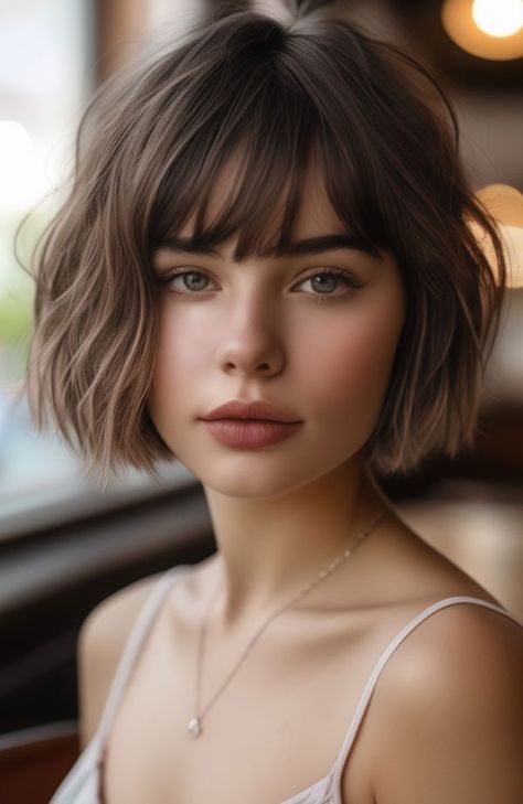 35 French Bob Haircuts : Textured French Bob with Straight Bangs Grey French Bob With Fringe, Messy French Bob, Bob With Straight Bangs, Haircut Ideas Brown Hair, Short Wavy Haircuts, Ideas Haircut, Hair Dye Ideas, French Bob, Hairstyle Short