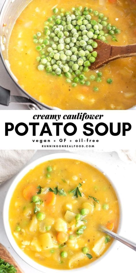 This healthy, hearty, vegan cauliflower potato soup with peas is easy to make in under 30 minutes and full of flavour. Stovetop and Instant Pot method. Cauliflower Potato Soup, Cauliflower Potatoes, Vegan Cauliflower, Vegan Soup Recipes, Pea Recipes, Vegan Soups, Vegetarian Soup, Vegan Soup, Healthy Vegetables