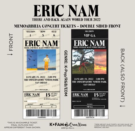 ERIC NAM: There and Back Again World Tour 2022 K-Pop Custom Concert Ticket North Park San Diego, There And Back Again, Pop Custom, Concert Ticket, Eric Nam, North Park, Concert Tickets, Qr Codes, Love On Tour