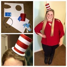 The Thrifty Teacher: DIY Dr. Seuss Cat in the Hat Costume Dr Seuss Diy Costumes, Cat In The Hat Costume, Dr Seuss Costumes, Dr Seuss Hat, Dr Seuss Crafts, Seuss Crafts, Dr. Seuss, Dr Seuss Week, Teacher Costumes