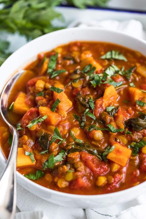 Lentil and Sweet Potato Soup - Skinny Fitalicious® Sweet Potato And Lentil Soup, Sweet Potato And Lentil Stew, Lentil Sweet Potato Soup, Lentil And Sweet Potato Soup, Coconut Sweet Potato Lentil Soup, Lentil Sweet Potato, Sweet Potato Lentil Soup, Citrusy Lentil And Sweet Potato Soup, Protein Soups