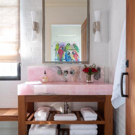 Rose Quartz Vanity, Pink Bathroom Counter, Pink Onyx Countertop, Rose Quartz Bathroom Sink, Pink Marble Sink, Pink Stone Bathroom, Pink Quartz Bathroom, Rose Quartz Countertops, Pink Sink Bathroom