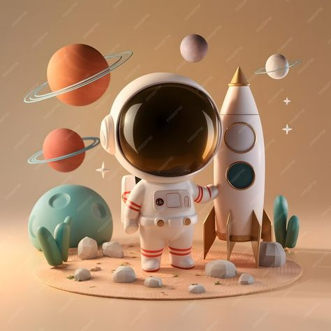 Premium Photo | 3D rendering C4D cartoon style white and beige colors A tiny astronaut stands next to the rocket Tiny Astronaut, 3d Astronaut, 3d Concept, White And Beige, Cartoon Style, 3d Rendering, White Beige, Premium Photo, Beige Color