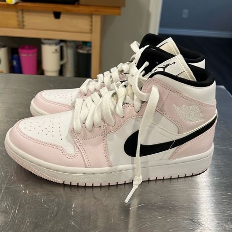 Brand New Nike Air Jordan 1 Mid Barely Rose (Women’s) Used As A Display Shoe/ Never Worn. Does Not Come With Original Box Cute Jordan 1 For Women, Pink Shoes Jordans, Jordan 1 Barely Rose, Nike Air Jordan Pink, Air Jordan Pink, Jordan 1 Mid Barely Rose, Jordan 1 Pink, Jordan Rose, Jordan Women