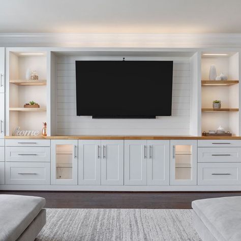 Bookshelves In Living Room With Tv Floating, Office Built In With Tv, Floating Shelves Entertainment Wall, Build In Living Room, Shiplap Tv Wall With Floating Shelves, Whole Wall Built Ins, Custom Media Wall, Coastal Built Ins, Tv Console Built In