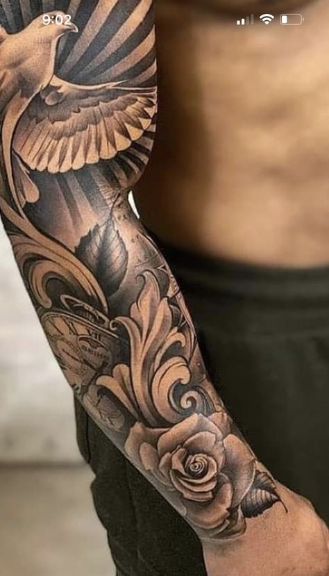 Negative Shading Tattoo Ideas, Filigree Tattoo Sleeve, Rose Sleeve Tattoo For Men, Sleave Ideas Men, Fill In Tattoo Ideas Sleeve Backgrounds, Lower Arm Sleeve Tattoo, Lower Arm Tattoo Men, Mens Filigree Tattoo, Arm Sleeve Tattoo For Men