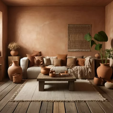 Spanish Living Room Design, Terracotta Living Room, Spanish Living Room, Terracotta Walls, Japandi Living Room, Earthy Living Room, Japandi Living, Warm Bedroom, Deco Studio